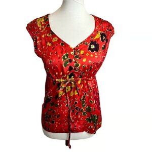 Cabi Red Floral Smocked V-Neck Blouse XS | Retro-Inspired Boho Chic Top #363